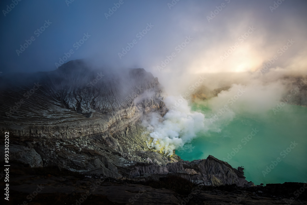 The acidic turquoise crater lake of Mount Ijen at sunrise, East Java, Indonesia, Asia