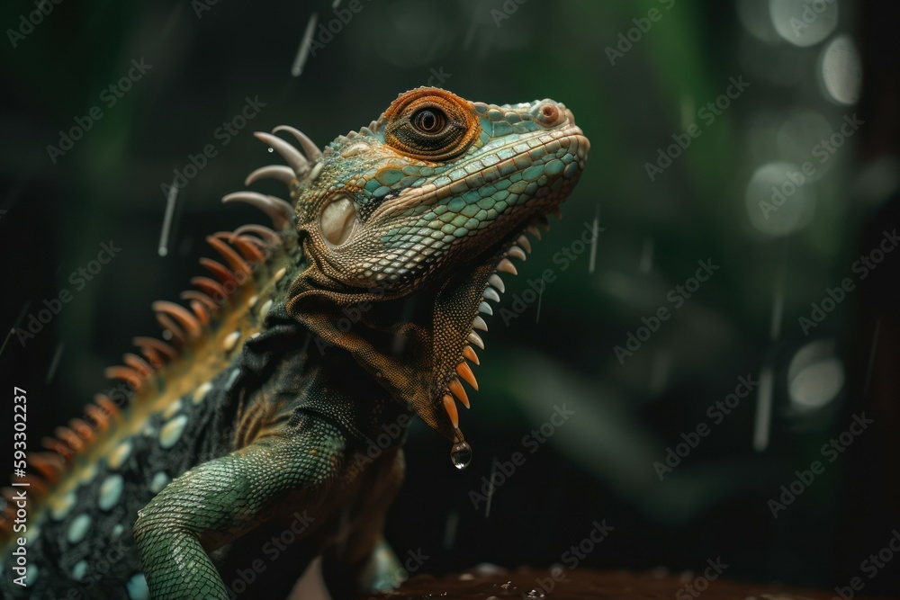 Green and yellow iguana under the rain. Generative AI