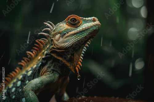 Green and yellow iguana under the rain. Generative AI © Phantastica
