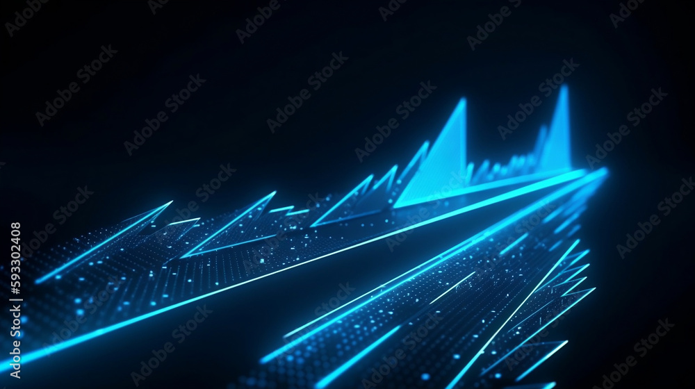 Abstract blue arrow glowing with lighting and line grid on blue ...