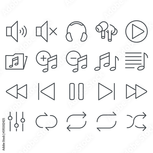 Simple multimedia themed vector icons contain icons such as play, pause, music folder, playlist, rewind, and more. 