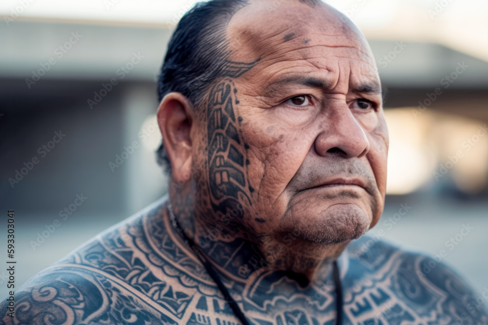 50 year old man with intricate tattos on his face and chest. Generative AI. 50 year old man with intricate tattos on his face and chest. Generative AI.