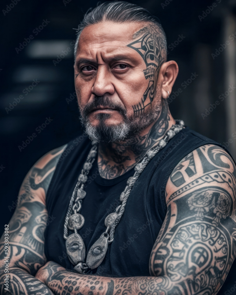 A serious looking man with tattoos on his face and arms. Generative AI.