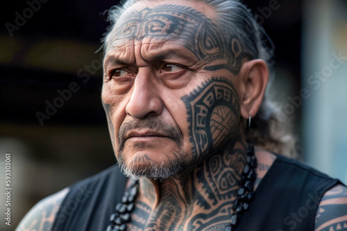 Heavily tattooed man with intricate designs on his face and chest. Generative AI.