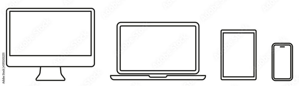 Set technology line devices icon: computer, laptop, tablet, smartphone icons. Outline mockup electronics devices monitor lines simple isolated - stock vector Set technology line devices icon: computer, laptop, tablet, smartphone icons. Outline mockup electronics devices monitor lines simple isolated - stock vector