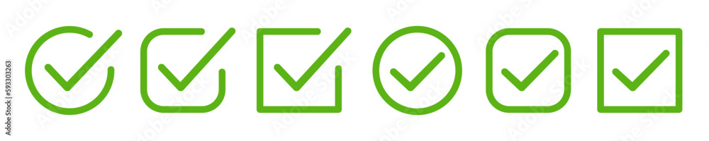 Set green approval check mark icons in circle and square, checklist signs, flat checkmark approval correct badge, isolated tick symbols - stock vector - obrazy, fototapety, plakaty 