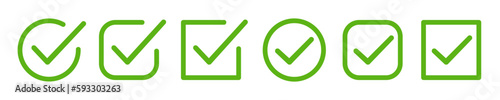 Set green approval check mark icons in circle and square, checklist signs, flat checkmark approval correct badge, isolated tick symbols - stock vector