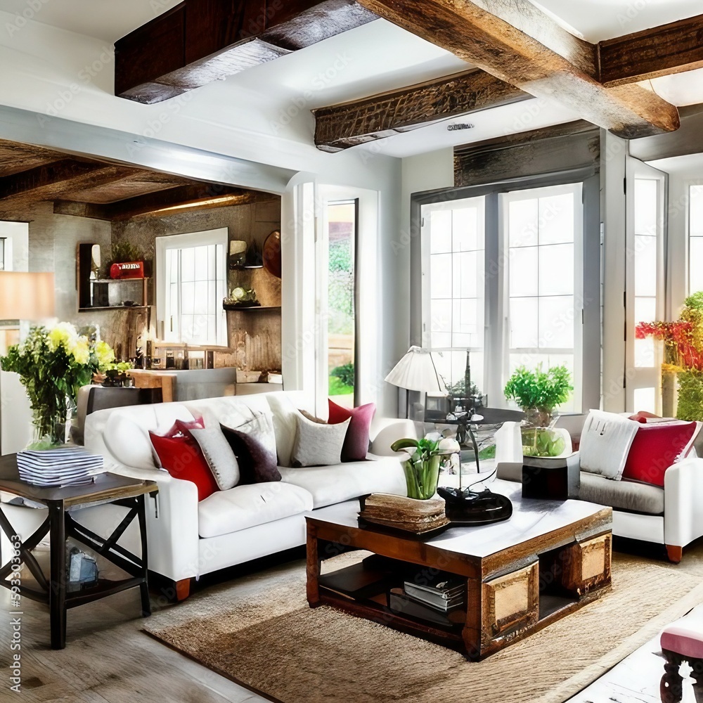 Fototapeta premium Farmhouse Living Room Interior, Generative AI