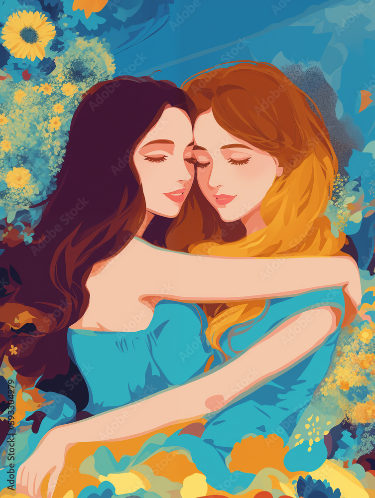 2 of young women hugging each other. Flowers background. Concept illustration for the celebration of International women's day. Generative AI 2 of young women hugging each other. Flowers background. Concept illustration for the celebration of International women's day. Generative AI