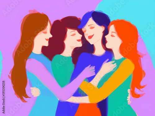 A group of young women hugging each other. Generative AI