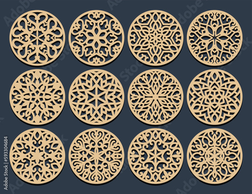 Set decorative circle coaster for laser cutting. Round abstract geometric coaster card. Laser cut design. Vector illustration