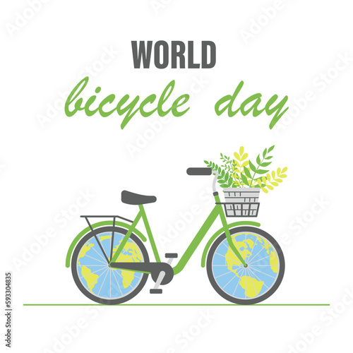World Bicycle Day. Beautiful bicycle with basket of flowers, globe. Wheels in form of globe. Concept healthy lifestyle. Safe cycling. Car free day. For poster, banner, background. Vector illustration photo