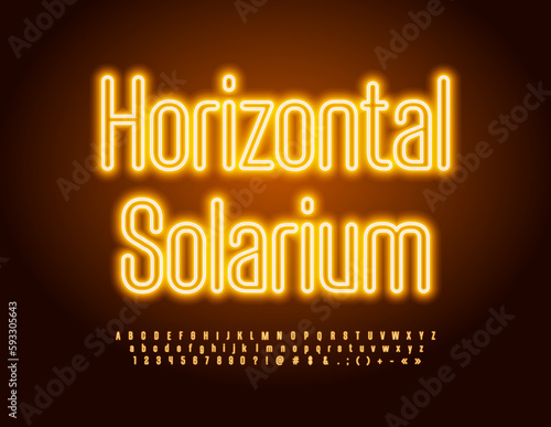 Vector neon emblem Horizontal Solarium. Elegant Glowing Font. Stylish Alphabet Letters, Numbers ad Symbols set
