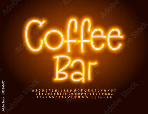 Vector creative poster Coffee Bar. Bright handwritten Font. Glowing light Alphabet Letters and Numbers set