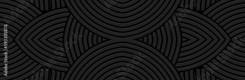 Banner, cover design. Embossed ethnic geometric 3d tribal boho pattern, handmade, ornaments. Stylish black background, press paper. Creativity of the East, Asia, India, Mexico, Aztecs, Peru.