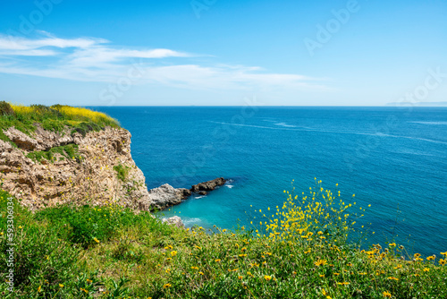 View of cliffs along the Pacific Ocean at Pelican Cove, in Ranchos Palos Verdes.