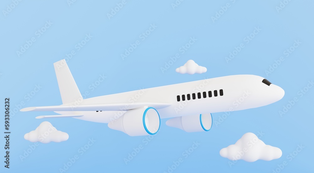 White plane with clouds flying on blue background concept of flying travel tourism World travel planning. Airplane travel planning trip around the world. 3D render