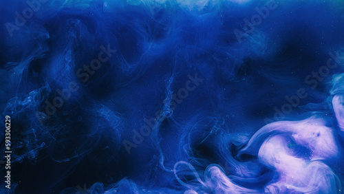 Smoke background. Night cloud. Paint water. Storm wave. Blue color glowing dust particles haze floating abstract texture with copy space.