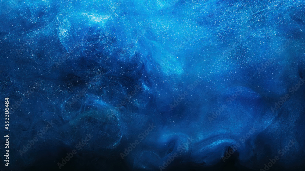 Shiny smoke. Glitter fluid. Ink water. Magic mist. Blue color particles texture paint vapor storm wave on dark black abstract background. - obrazy, fototapety, plakaty 
