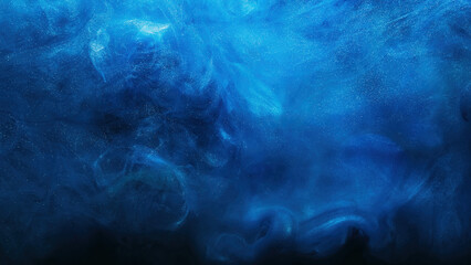 Shiny smoke. Glitter fluid. Ink water. Magic mist. Blue color particles texture paint vapor storm wave on dark black abstract background.