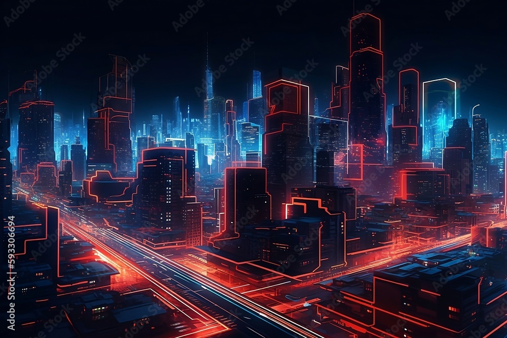 future-city-red-white-blue-neon-glowing-lights-background. AI generated.