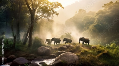 Elephants passing through rural forest in kerala