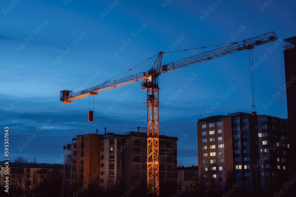 Construction crane at twilight, with cityscape background. High quality generative ai Construction crane at twilight, with cityscape background. High quality generative ai