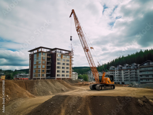 Construction crane equipment, with apartment buildings in background. High quality generative ai