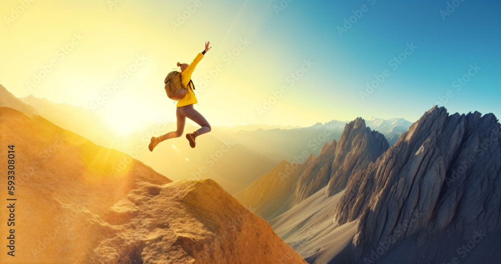 person jumping on the top of mountain