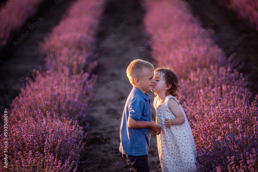 Closeup portrait of little boy kissing girl on the cheek in the rows