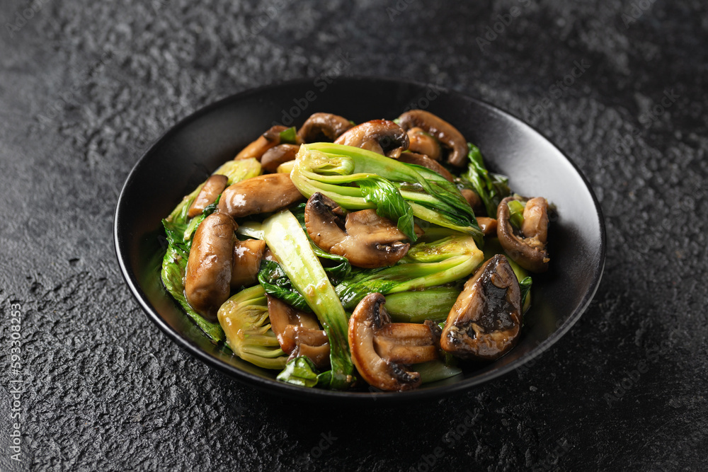 Bok Choy or Pak Choi and Mushroom Stir Fry in vegetarian sauce. Healthy vegan food. - obrazy, fototapety, plakaty 