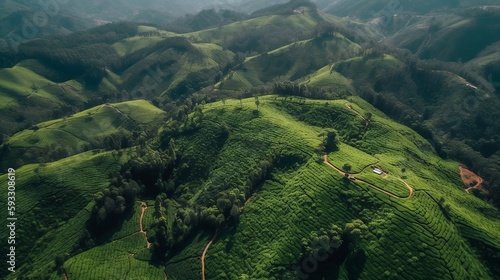 Kerala hill top view filled with tea plantations photo