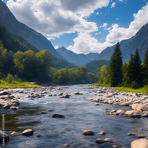 a landscape of a river with rocks and mountains and woods in the background, Generative AI