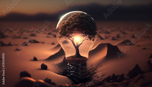 Tree growinig inside on a lightbulb concept save the world  photo