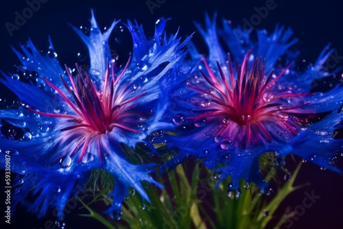 Two large blue cornflowers with raindrops on a dark background. Summer poster with beautiful flowers or wallpaper.