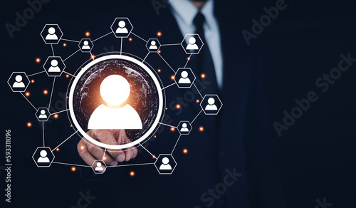 Konstfotografi Businesspeople touching on screen to target customer