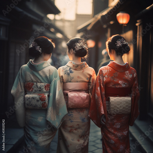 Geishas seen from behind, traditionally clothed in kimono, Japanese street, sundown, lampignons hanging from the ancient town facades - AI generated