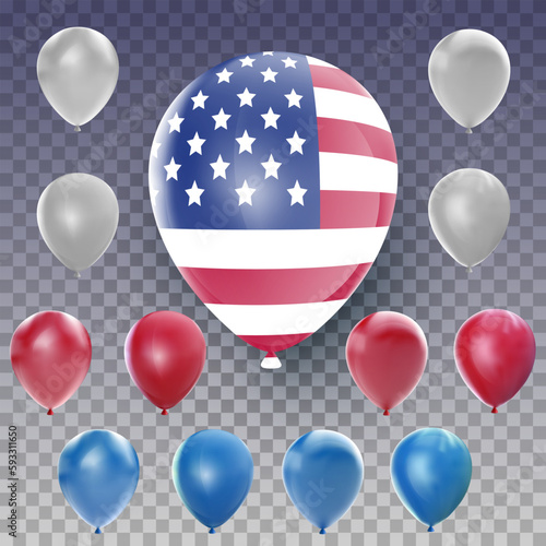 Balloons various color on transparent background. Festive art object for usa independence day. American national celebration design. Bright vector 3d cartoon illustration in minimal realistic style.