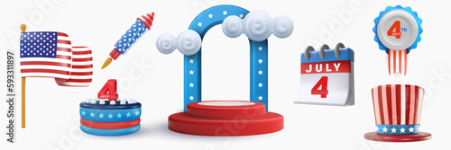 Set festive art object for usa independence day. Flag, badge, firework, balloon, cake. American national celebration design element. Bright vector 3d cartoon illustration in minimal realistic style.
