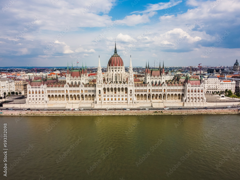 Fototapeta premium Aerial vIew by drone. Summer. Budapest, Hungary. Danube river. Parlament of Hungary.