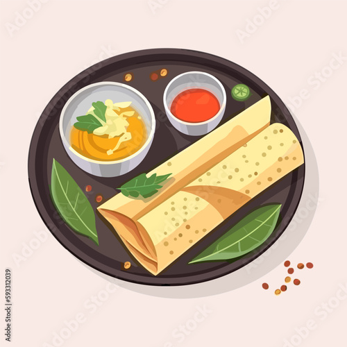 Masala Dosa, Indian traditional food with sambhar decorated on plate