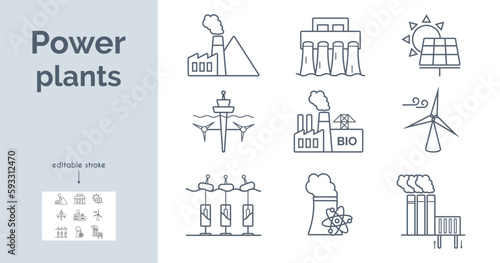 Power plant line icons set.  Electrical wires, electric pole, coal, geothermal, solar, wind, nuclear, hydro, biomass, wave, tidal power plants.Vector illustration.