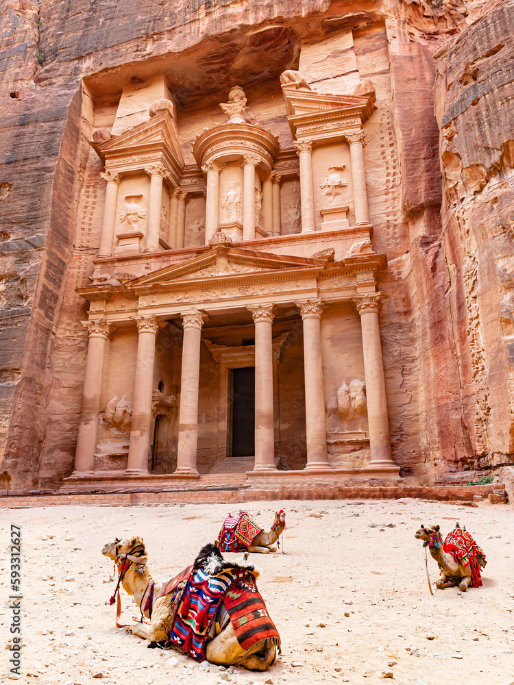 The treasury is also called Al Khazna, it is the most magnificant and famous facade in Petra Jordan