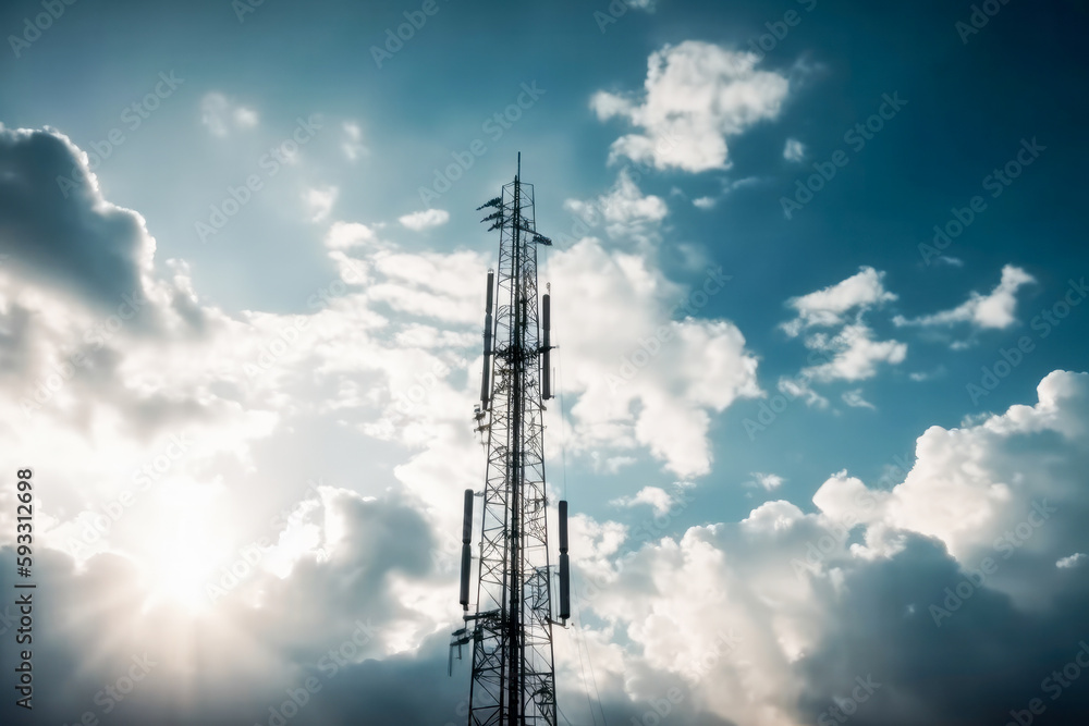 Cell phone or broadcast transmitter antenna tower with clouds background, high quality generative ai Cell phone or broadcast transmitter antenna tower with clouds background, high quality generative ai
