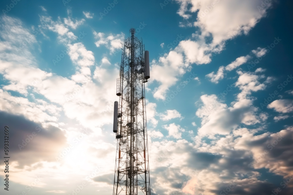 Cell phone or broadcast transmitter antenna tower with clouds background, high quality generative ai Cell phone or broadcast transmitter antenna tower with clouds background, high quality generative ai