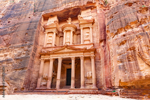 The treasury is also called Al Khazna, it is the most magnificant and famous facade in Petra Jordan