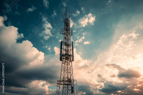 Photographie Cell phone or broadcast transmitter antenna tower with clouds background, high q