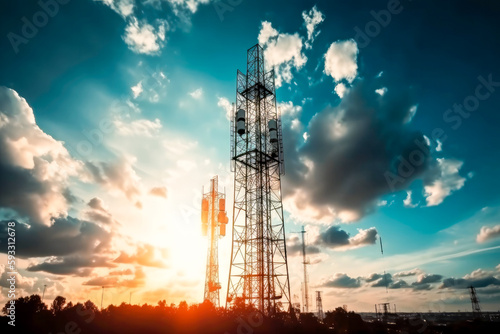 Cell phone or broadcast transmitter antenna tower with clouds background, high quality generative ai