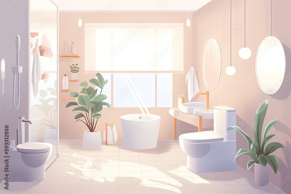Interior of bathroom with furnishings in a white color scheme. Generative AI
