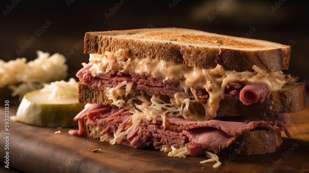 Reuben sandwich A delistyle sandwich made with corned beef, Swiss